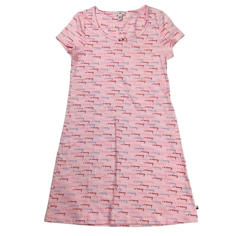 Tommy Hilfiger Pink Pajama Night Shirt Gown Women XS S Short Sleeve Heart Print